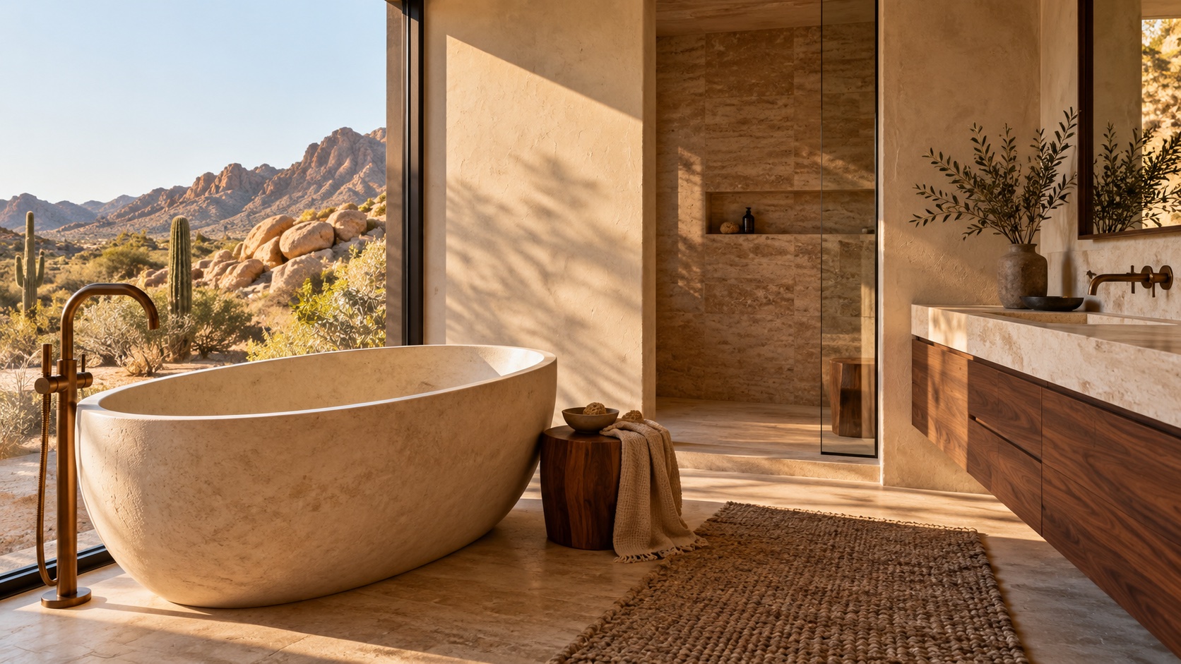 Sculptural stone bath beside a window overlooking desert mountains
