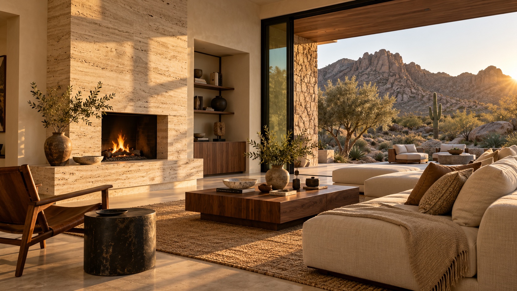 Concept living room in ivory plaster and stone opening onto the desert