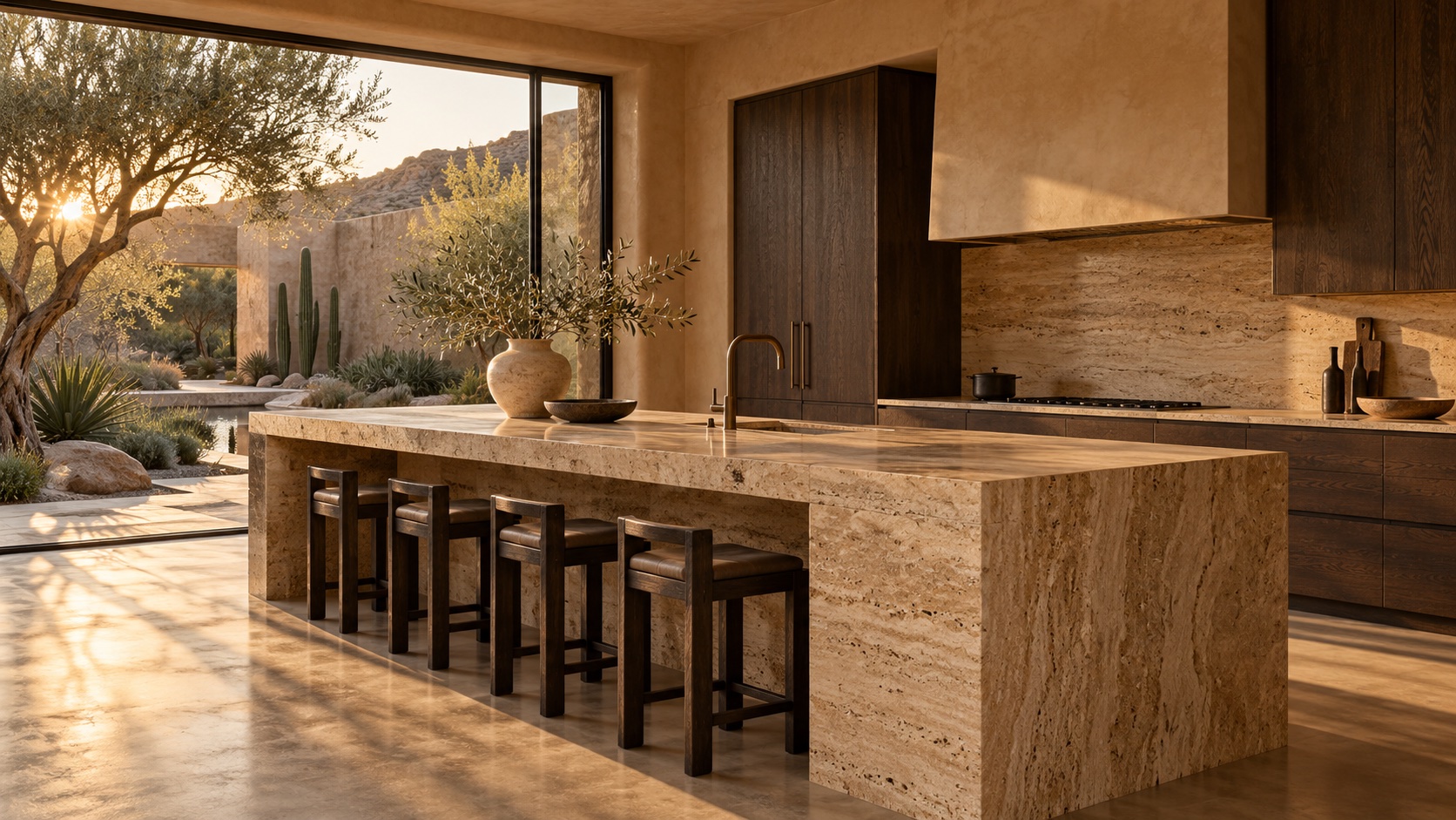Travertine kitchen island and smoked oak cabinetry in warm afternoon light