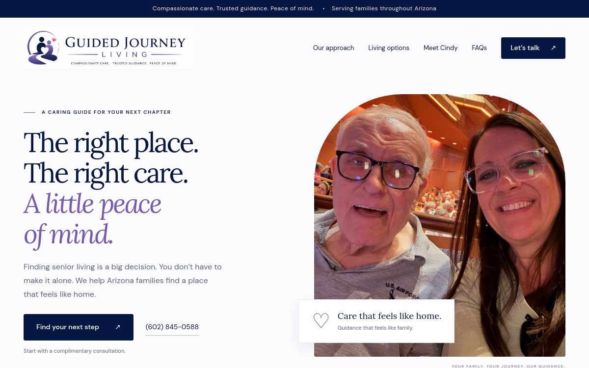 Guided Journey’s published homepage, with the headline The right place. The right care. A little peace of mind.