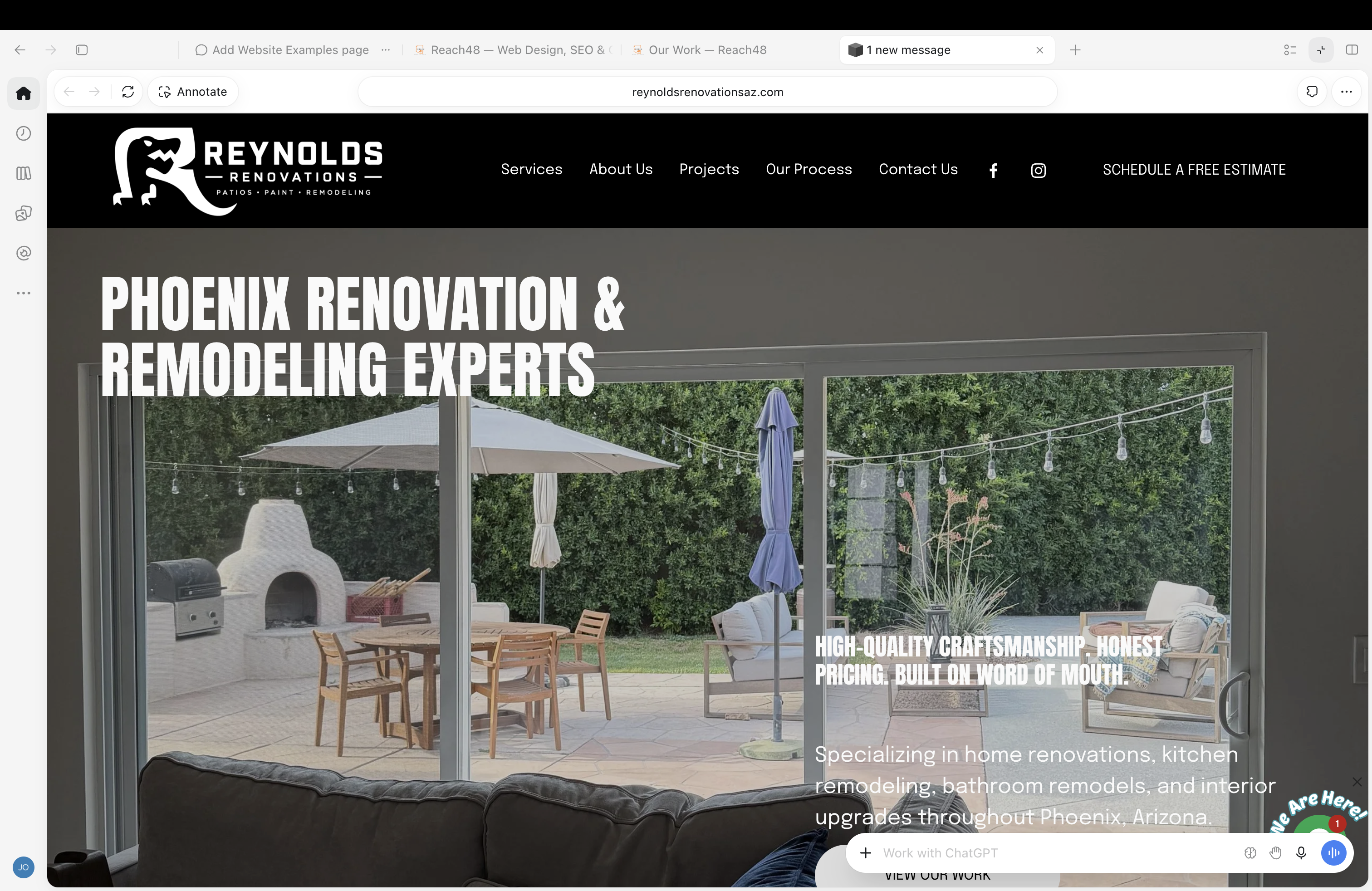 Reynolds Renovations’ live Squarespace website, showing its logo and Phoenix Renovation & Remodeling Experts headline above a patio photograph.